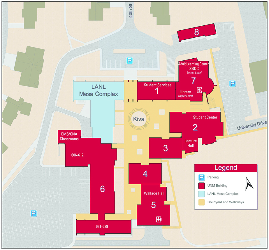 UNM Los Alamos campus map with legend