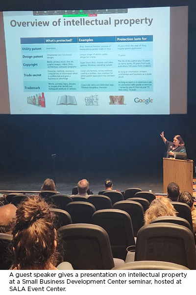 A guest speaker gives a presentation on intellectual property at a Small Business Development Center seminar, hosted at SALA Event Center.