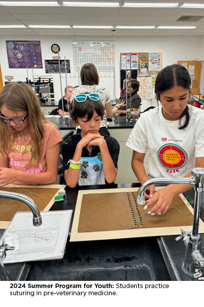 2024 Summer Program for Youth: Left: Students practice suturing in pre-veterinary medicine.