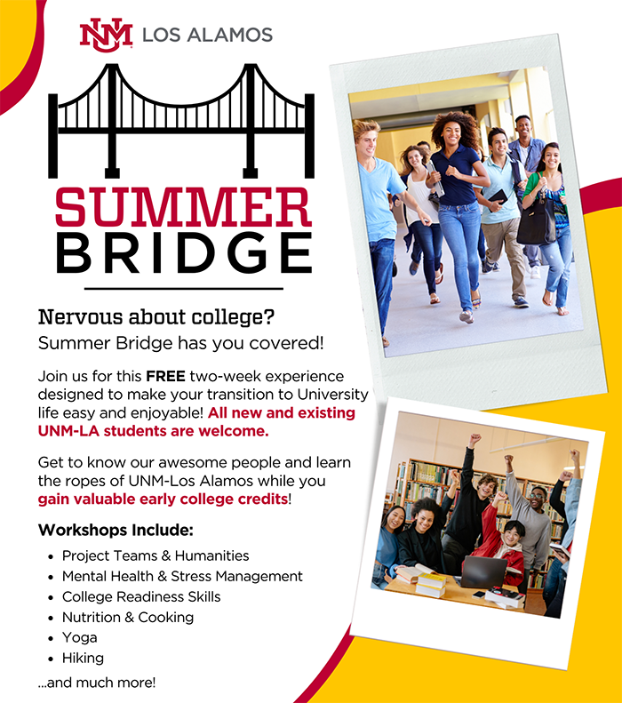 Summer Bridge flyer depicting elated students and listing some of the activities available.